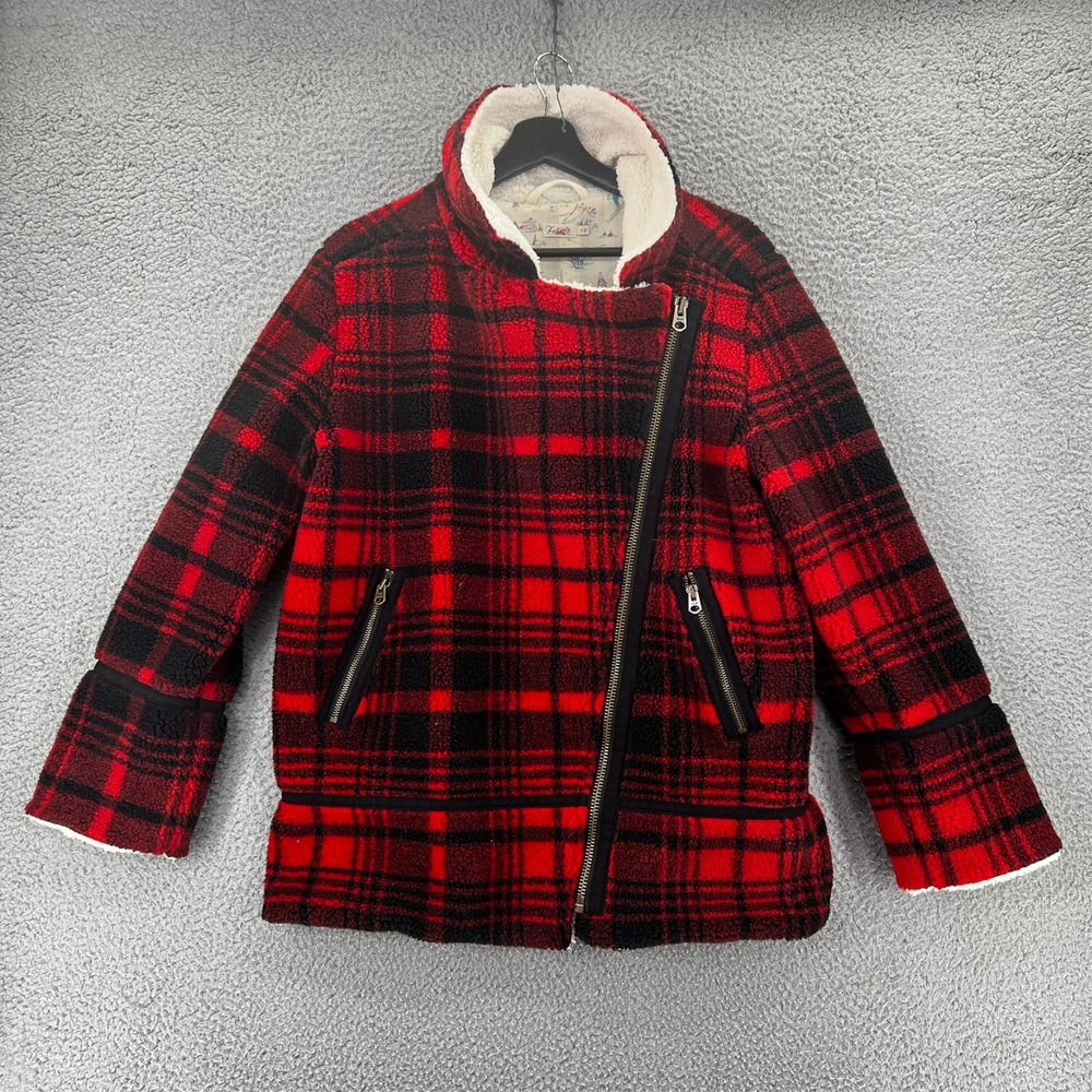 Faherty Jacket‎ Womens Small Red Plaid Montana Moto Coat Sherpa Fleece